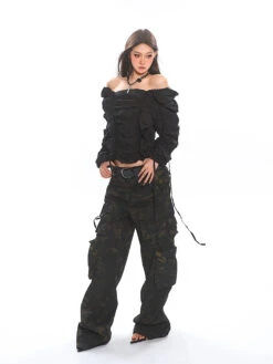 Ruffled Off-Shoulder Crinkle Texture Long Sleeve Top -Modern Wear Shop dfc6a45bfeea75d2fce0eb1b80d29ea0