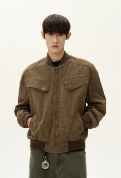 Ribbed Trim Bomber Jacket With Zip Pockets