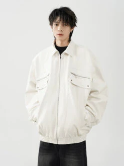 Oversized Leather Collared Bomber Jacket With Zip Pockets -Modern Wear Shop e0279971ae467220a62e7f7c91b95e6a