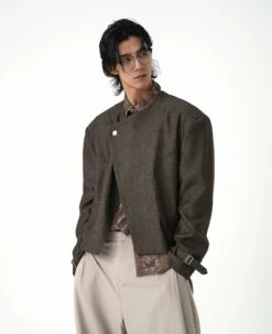 Asymmetric Button Mid Crop Jacket With Buckled Cuffs -Modern Wear Shop e07009abee6f8e91579ce09872a4817e