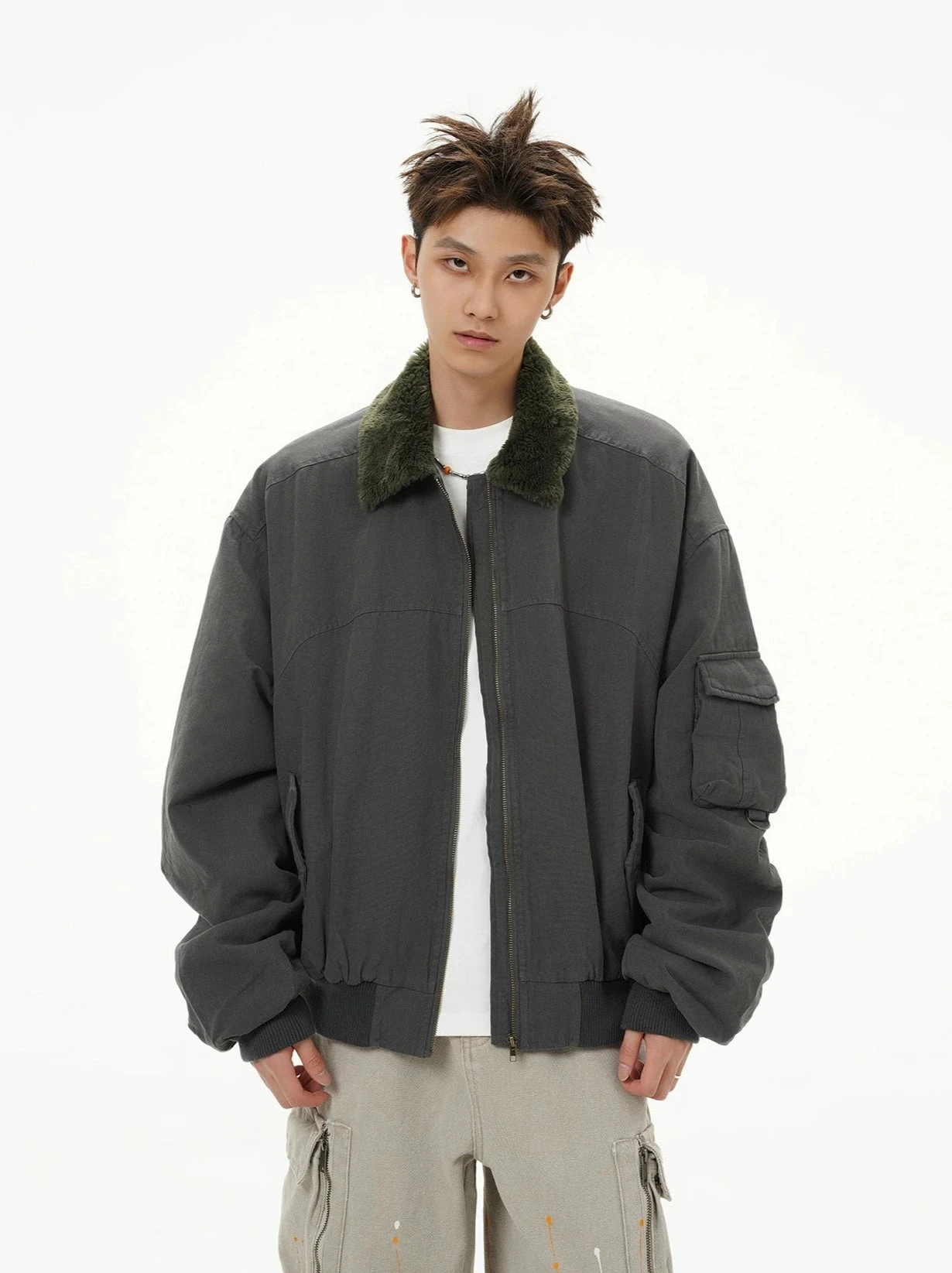 Fleece Lined Collar Zip-Up Bomber Jacket 2 Fleece Lined Collar Zip-Up Bomber Jacket - Image 2
