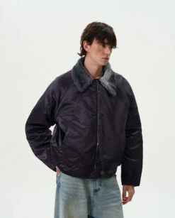 Contrast Faux Fur Collar Glossy Snap Button Bomber Jacket -Modern Wear Shop e0d86a9948ce5957177a1be4badb92d2