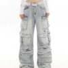 Distressed Wide-Leg Denim Cargo Jean Pants