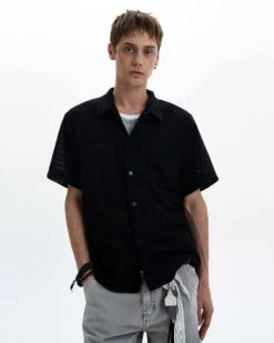 Textured Open-Knit Short Sleeve Button-Up Shirt With Patch Pockets -Modern Wear Shop e18fe5130243884bc4d9ce0832eaf5fe