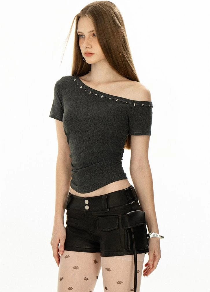 Asymmetric Studded Neckline Crop Top 7 Asymmetric Studded Neckline Crop Top - Image 7