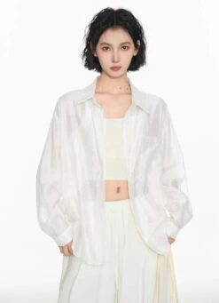 Long Sleeve Oversized Button-Up Sheer Shirt