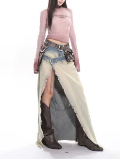 Distressed Trim Denim Patchwork Maxi High Slit Skirt -Modern Wear Shop e22447850b9b65f62100f9dc61b57a88