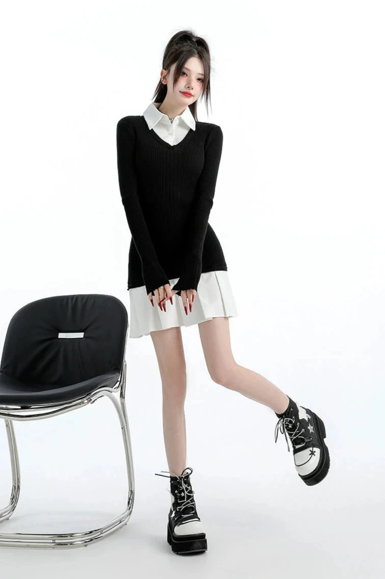 Mock Layered Pleated Hem Long Sleeve Dress 14 Mock Layered Pleated Hem Long Sleeve Dress - Image 14