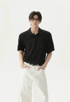 Textured Cable Knit Short Sleeve Polo Shirt -Modern Wear Shop e29dfadf30db3e9bac610006c265499b