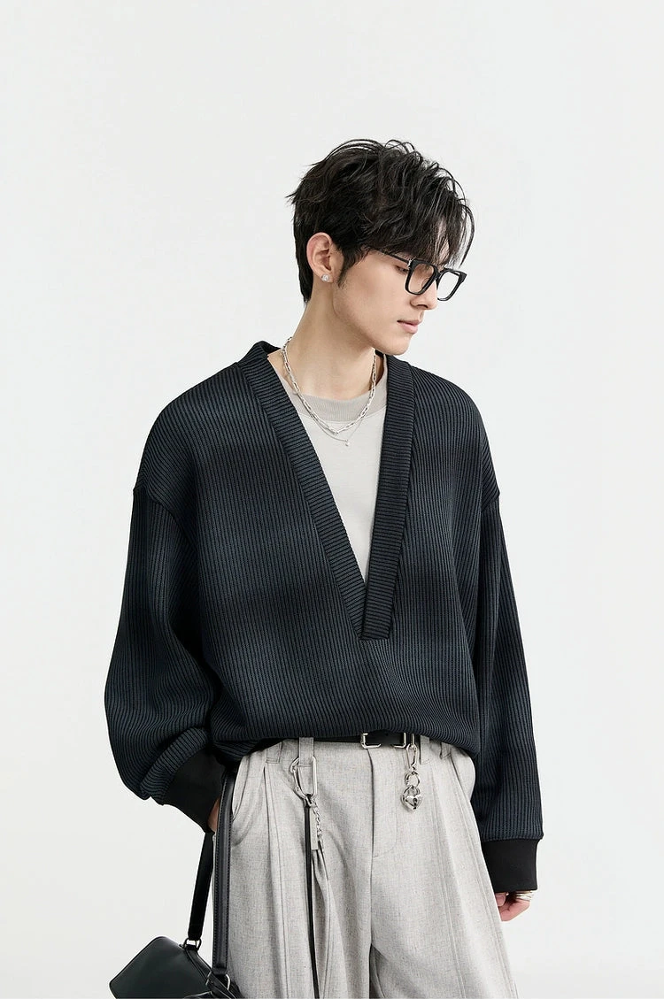 Mock Layered Gradient Ribbed V-Neck Knit Sweater 12 Mock Layered Gradient Ribbed V-Neck Knit Sweater - Image 12