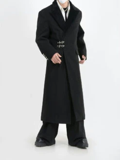 Oversized Velvet-Lapel Long Coat With Metal Buckles -Modern Wear Shop e2dfe84494f03ced040c59ff73fb767e