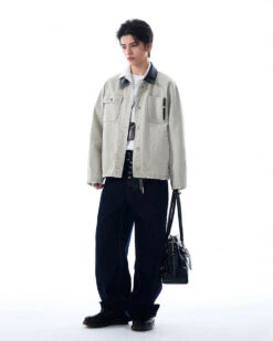 Faux Leather Collar Distressed Denim Worker Jacket -Modern Wear Shop e304ea3cdad1e310fe8a15fe52b39e13