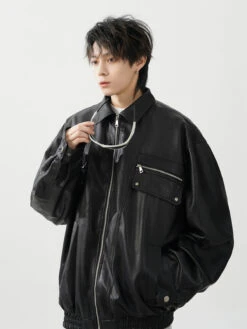 Oversized Leather Collared Bomber Jacket With Zip Pockets -Modern Wear Shop e3211049e08d3866c7dd089b12fb225e