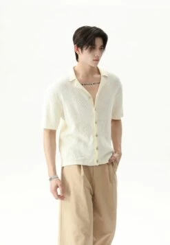 Cable Knit Button-Up Short Sleeve Shirt With Open Collar -Modern Wear Shop e321e251db14757057afbc6d806f8ff0