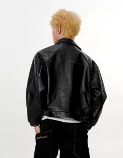 Mid Crop Faux Leather Zip Jacket With Elastic Hem And Cuffs -Modern Wear Shop e32bcd5943f83fbbbef1012973eb5d1d