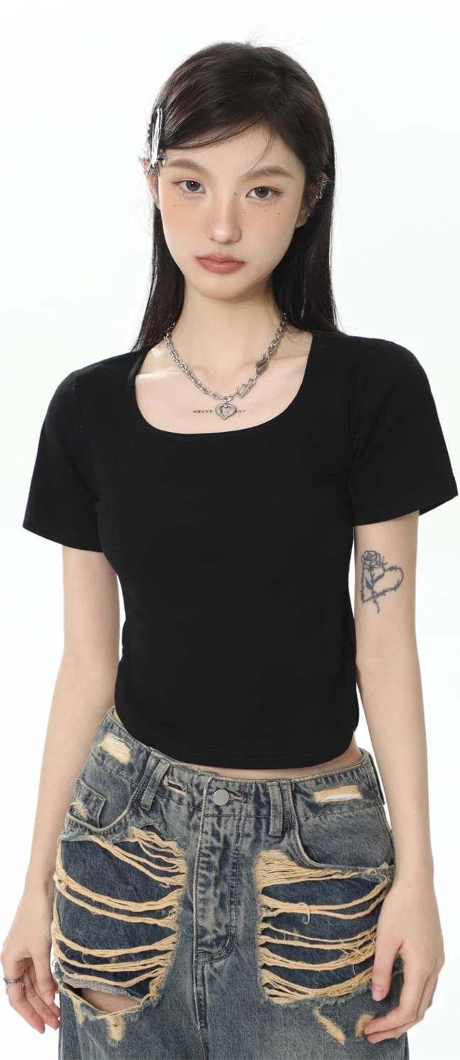 Cropped U-Neck Curve Hem Baby Tee 12 Cropped U-Neck Curve Hem Baby Tee - Image 12