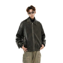 Vintage Faux Leather Zip Jacket With Elastic Hem -Modern Wear Shop e35872340c272ba56000f7e464ae0dca