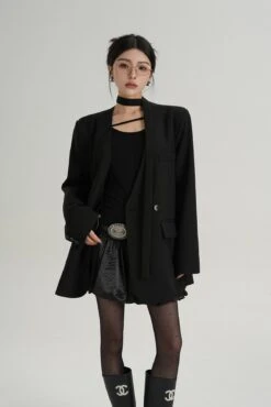 Oversized Boxy Double-Breasted Blazer With Skinny Neck Tie -Modern Wear Shop e382d99dbaa90f81a0e193b17c2be698