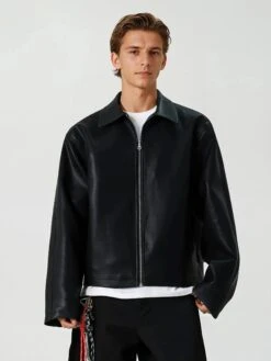 Faux Leather Zip-Up Mid Crop Collared Jacket