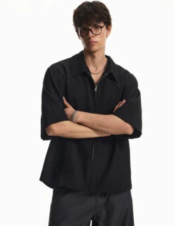 Ribbed Zip-Up Short Sleeve Shirt With Spread Collar -Modern Wear Shop e461325a74c774fdc59caebfe77a2ad2