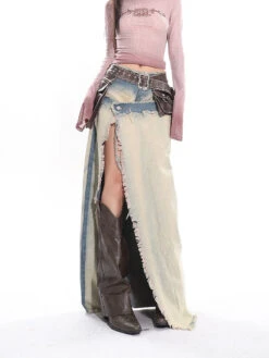 Distressed Trim Denim Patchwork Maxi High Slit Skirt -Modern Wear Shop e5136acb1136127922b45579d6d3547a