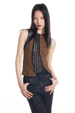 Sheer Lace Leather Patchwork Sleeveless Top -Modern Wear Shop e533fac05741a76b2da7a1c6fb3e80b1