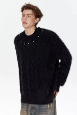 Studded Crew Neck Fuzzy Cable Knit Sweater -Modern Wear Shop e5e05c2e35efa53cd79421083ab4dd48
