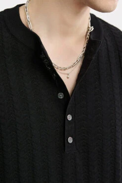 Textured Knit Ribbed Trim Half Button Short Sleeve Shirt -Modern Wear Shop e610357858464f43d6306d711890e787