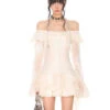 Off-Shoulder Tiered Ruffle Mesh Long Sleeve Mini Dress