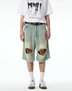 Distressed Denim Bermuda Shorts With Frayed Hems -Modern Wear Shop e640e81b0da8e6372418688e06f6c18d