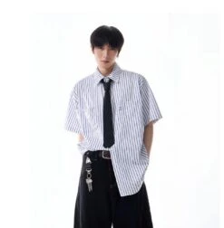 Oversized Stripe Short Sleeve Button Shirt With Chest Pockets