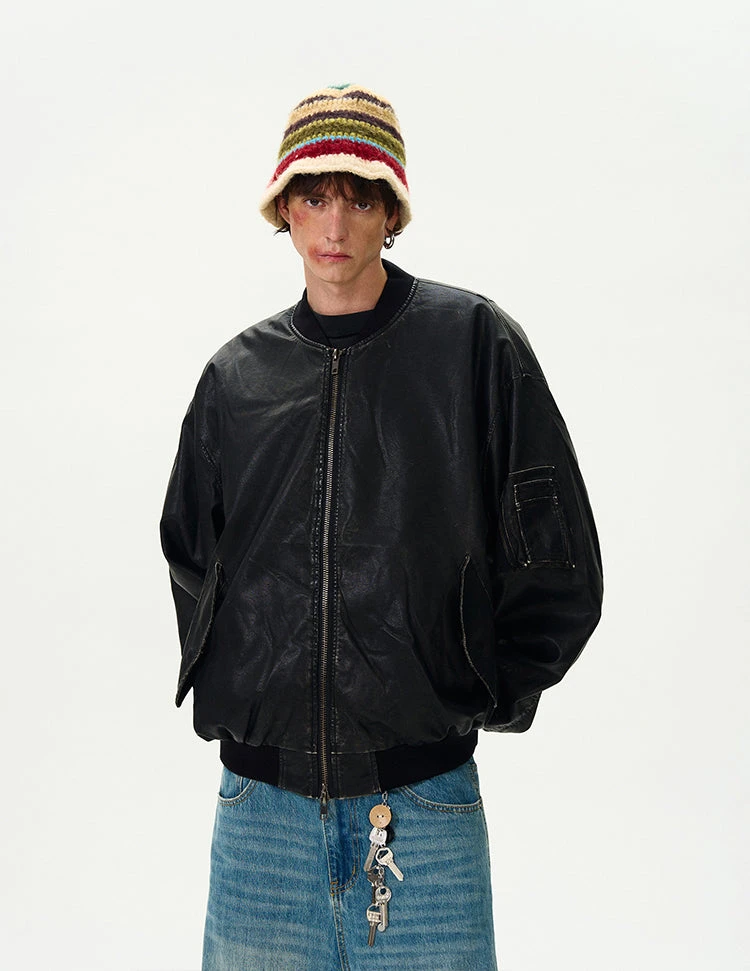 Oversized Distressed Faux Leather Bomber Jacket With Sleeve Pocket 2 Oversized Distressed Faux Leather Bomber Jacket With Sleeve Pocket - Image 2