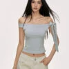 Off Shoulder Ribbed Knit Top With Side Bow Detail