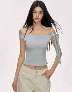 Off Shoulder Ribbed Knit Top With Side Bow Detail