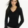 Ribbed V-Neck Two Tone Long Sleeve Knit Top