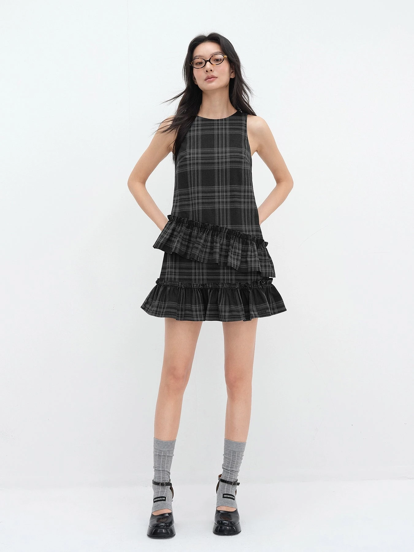 Sleeveless Plaid Asymmetric Tiered Ruffle Mini Dress 4 Sleeveless Plaid Asymmetric Tiered Ruffle Mini Dress - Image 4