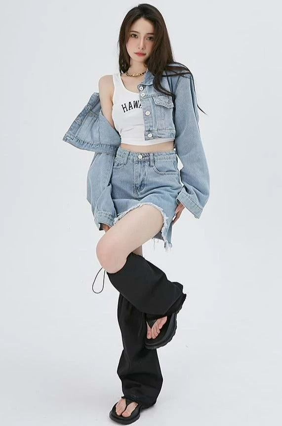 Cropped Denim Jacket And Distressed Hem Mini Skirt Two-Piece Set 8 Cropped Denim Jacket And Distressed Hem Mini Skirt Two-Piece Set - Image 8