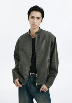 Faux Leather Mid-Crop Racer Jacket With Zipped Pockets