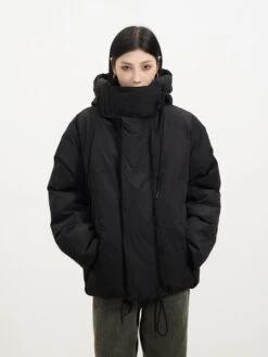 High Collar Hooded Puffer Jacket With Pockets