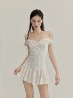 Ruffle Lace Off Shoulder Pleated Mini Dress