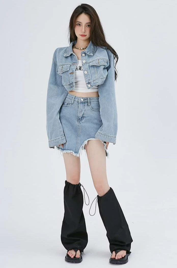 Cropped Denim Jacket And Distressed Hem Mini Skirt Two-Piece Set 10 Cropped Denim Jacket And Distressed Hem Mini Skirt Two-Piece Set - Image 10