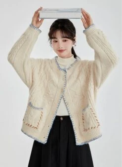 Cable Knit Contrast Trim Oversized Cardigan -Modern Wear Shop e84083b85377d291acbd118dae92cb61