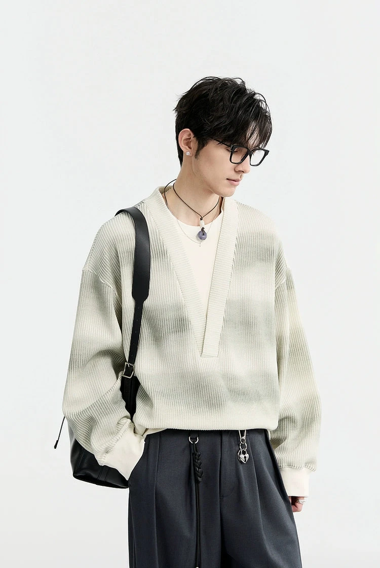 Mock Layered Gradient Ribbed V-Neck Knit Sweater 5 Mock Layered Gradient Ribbed V-Neck Knit Sweater - Image 5