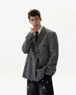 Oversized Distressed Hem Plaid Double-Breasted Blazer