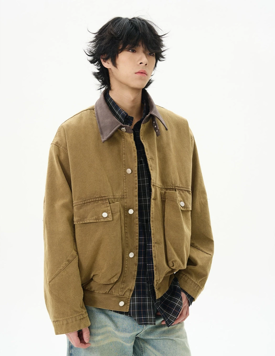 Oversized Worker Button Jacket With Contrast Collar 2 Oversized Worker Button Jacket With Contrast Collar - Image 2