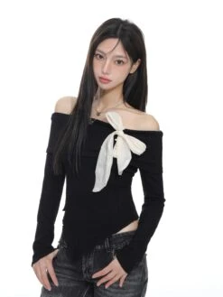 Pointed Hem Off-Shoulder Ribbed Top With Bow Detail -Modern Wear Shop e93398215f9ca6a17d1357114562c620