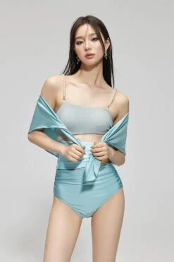 Faux Pearl Strap Shimmer Bandeau Bikini With Side Tie -Modern Wear Shop e9a4f58295b996858d7a07b98da7b2eb