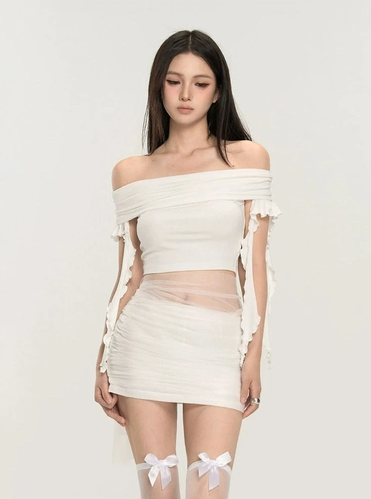 Off-Shoulder Ruched Crop Top With Tie Sleeves 2 Off-Shoulder Ruched Crop Top With Tie Sleeves - Image 2