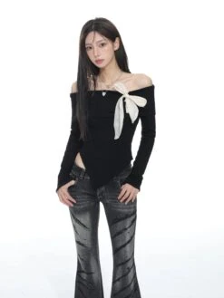 Pointed Hem Off-Shoulder Ribbed Top With Bow Detail -Modern Wear Shop e9b0e826cb471062621d68bbbe17994e