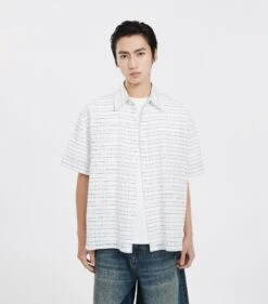 Textured Grid Pattern Short Sleeve Button-Up Shirt